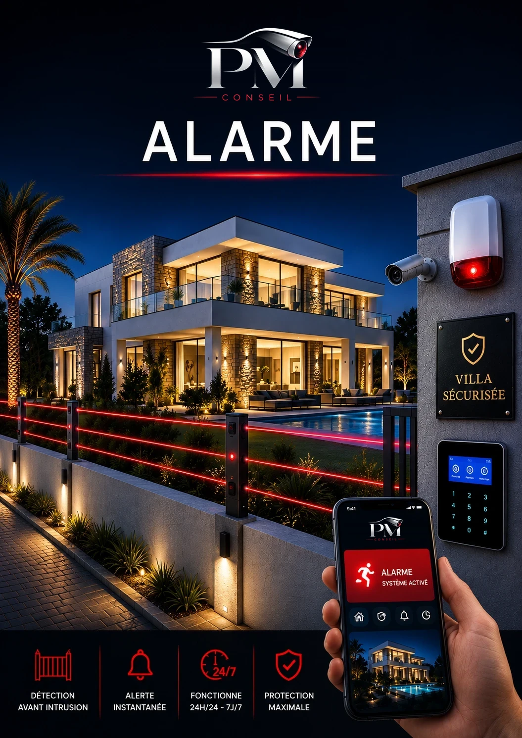 Alarme PM Conseil à Nice : villa protégée par barrières infrarouges, sirène, clavier et alerte sur smartphone