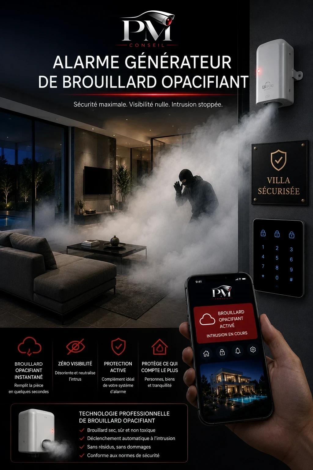 Générateur de brouillard opacifiant PM Conseil à Nice : un intrus aveuglé par le brouillard dans un salon, alerte sur smartphone